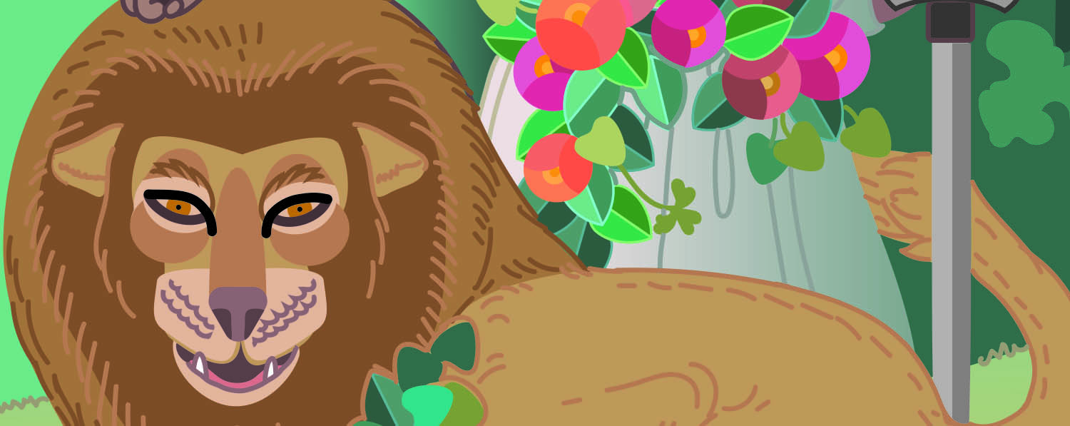 Closeup of digital drawing of a lion and a garland of flowers