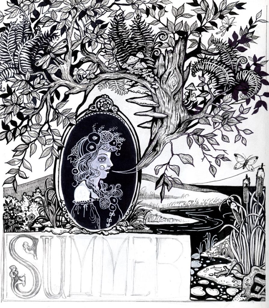 Pen and ink drawing over pencil sketch of a woman in a cameo "speaking" a lush tree over a summer landscape.