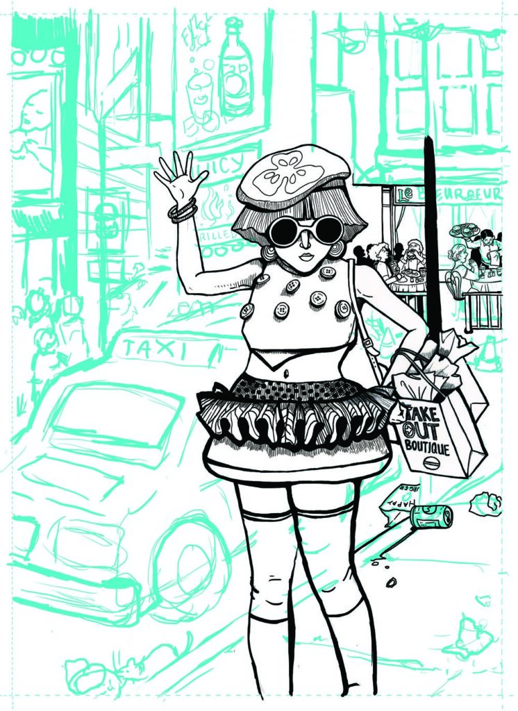 Drawing of a cartoon woman in cheeseburger inspired street fashion mini dress and pickle beret hailing a cab.