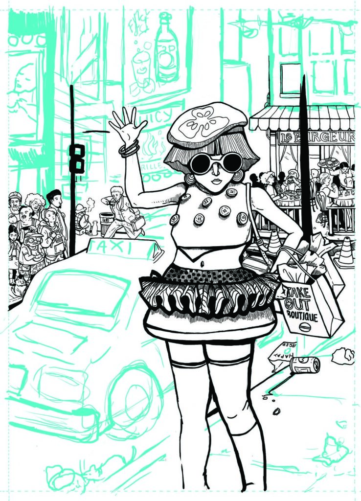 The same drawing of the woman in the cheeseburger dress with the details of the city crowd filled in in the background.