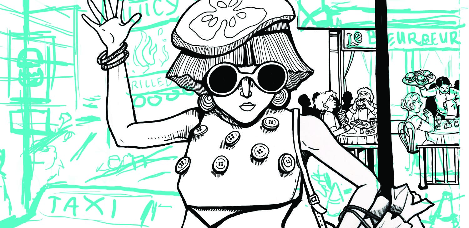 Unfinished drawing of a cartoon girl in a cheeseburger outfit hailing a cab.