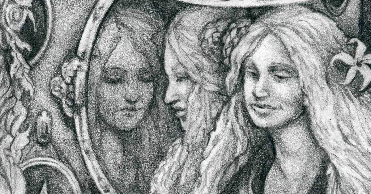 Detail of drawing showing three long-haired women reflected mysteriously in a mirror