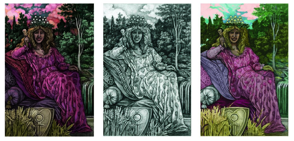 Two colorings of the same image of an enthroned woman with the grayscale drawing in the middle.