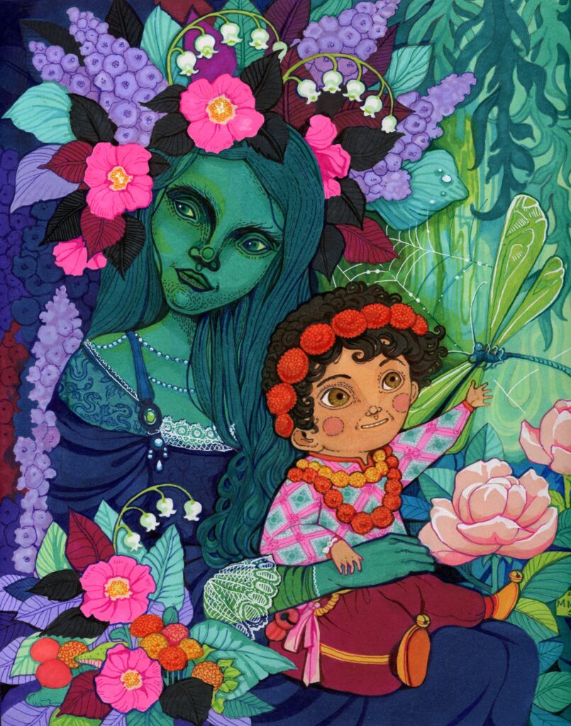 Colorful marker and pen drawing of the fairy queen Titania holding a little boy in her lap