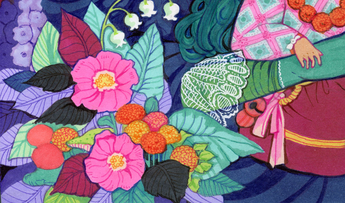 Detail of a bunch of vibrantly colored flowers and a green arm in a lace sleeve