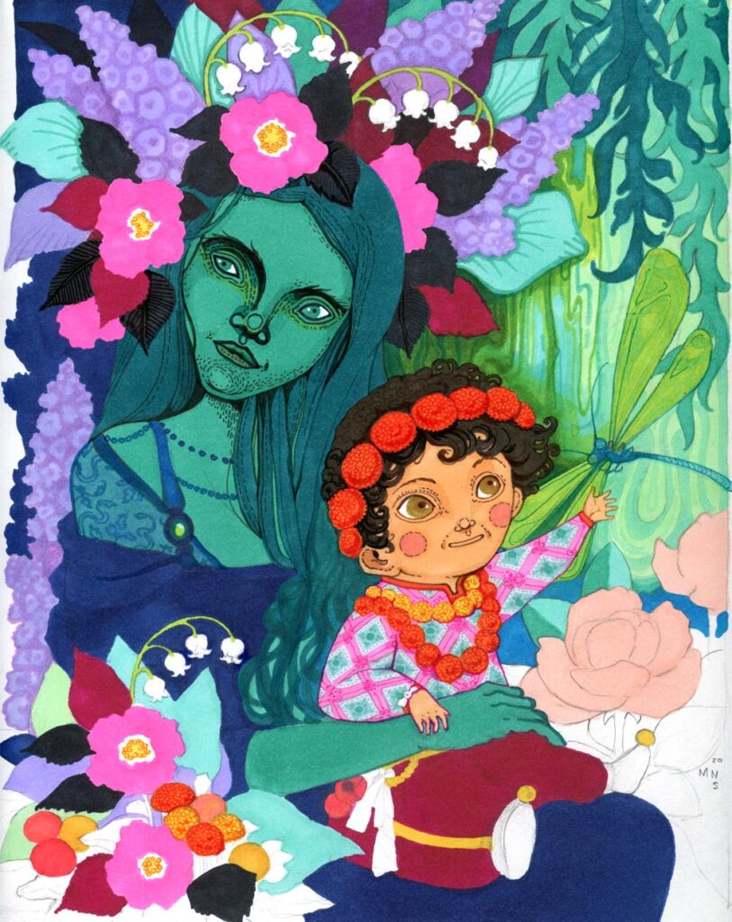 Cartoon illustration in bright colors of a lovely blue-green woman, crowned with flowers, holding a little boy who is reaching up toward a dragonfly.