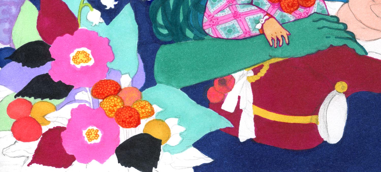 Closeup of bright drawing in blues and greens, maroons and pinks.