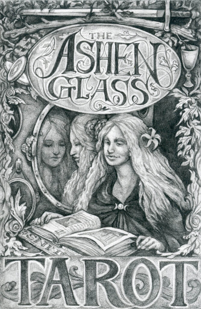 Graphite drawing of the title card for a tarot deck showing a woman reading a book before a wall hung with mirrors