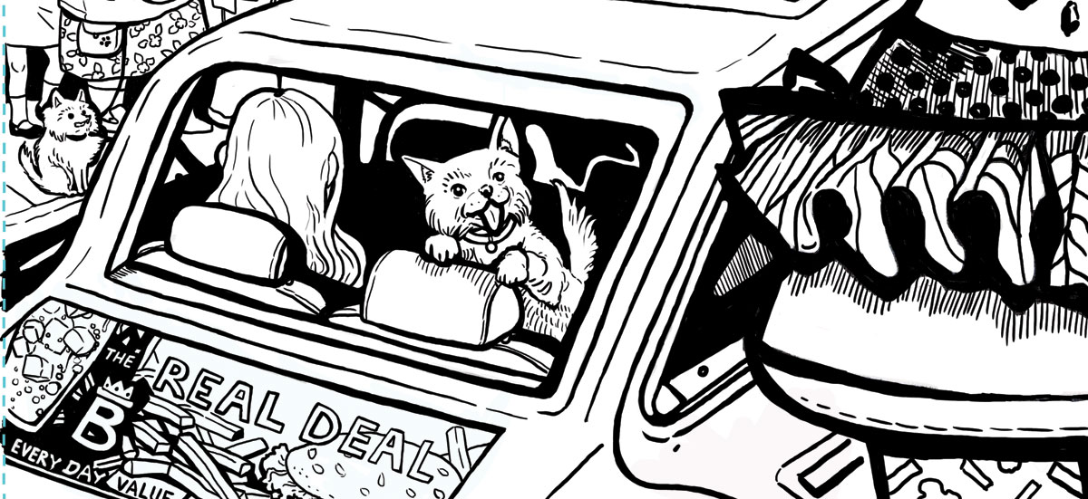 Closeup of ink drawing showing dog in the back of cab looking excitedly at a skirt that looks like a burger