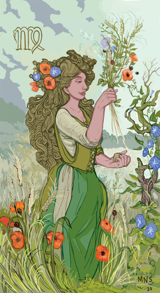 Drawing in greens and blues of an art-nouveau style woman holding up a bouquet of wheat and flowers