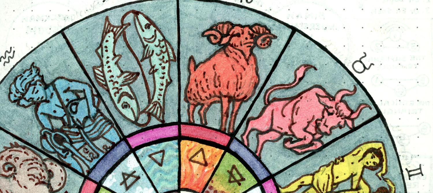 Closeup of the zodiac wheel showing Aquarius, Pisces, Aries, and Taurus.