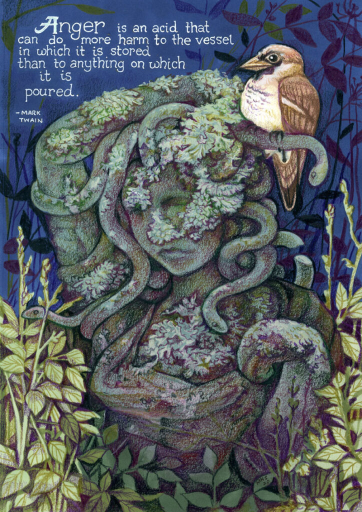 Drawing of a mossy medusa statue on which a bird is perched