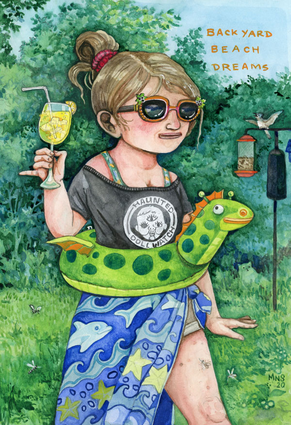 Watercolor painting of a girl on a green lawn, wearing a beach towel and a pool floatie.