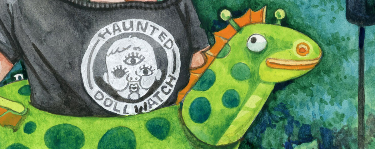 Closeup watercolor painting of "Haunted Doll Watch" tshirt and a dragon pool floatie