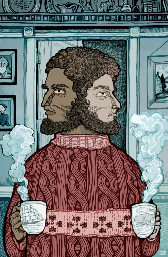 Drawing of a two faced man drinking hot beverages in a sweater.