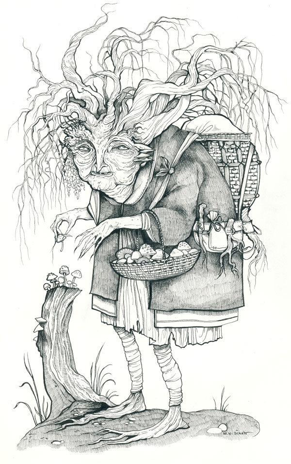 Detailed line drawing of an old woman made of roots, picking mushrooms