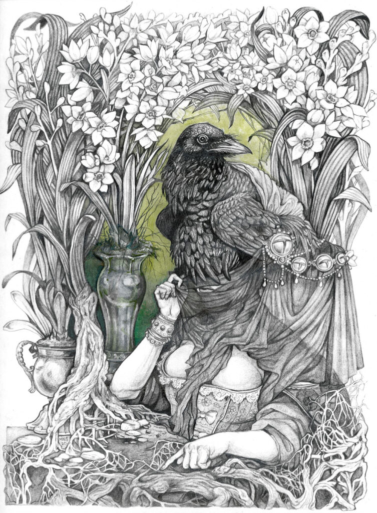 Surreal drawing of a veiled woman with a raven perched upon her head tracing a finger over the intricate roots of plants while spring flowers blossom above.