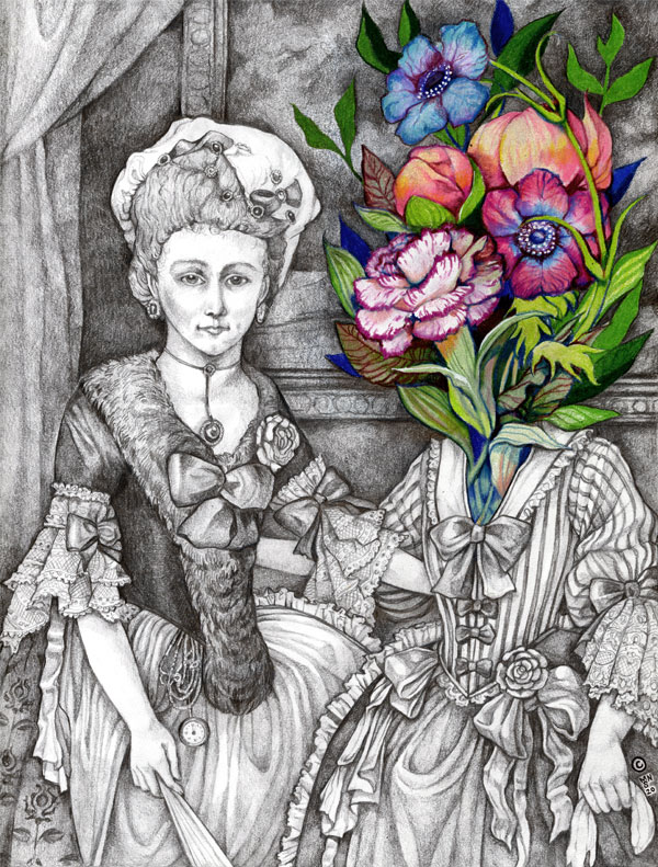 Mixed media drawing of a  pair of fancy 18th century women in black  white, the only color being one of the women bursting out of her dress in a bloom of flowers.