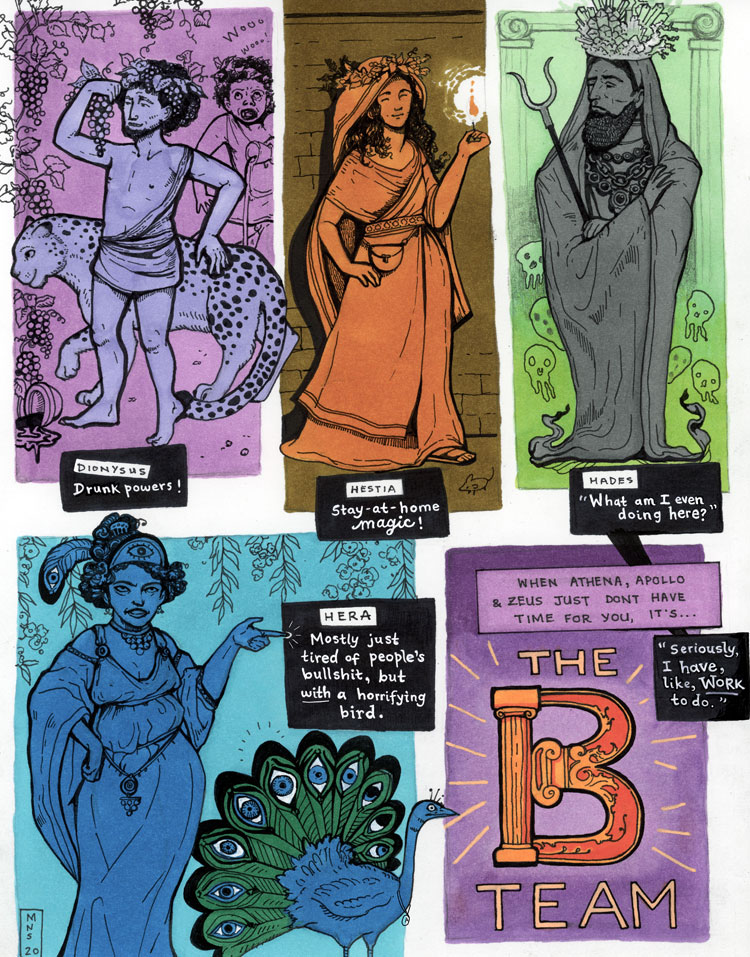 Comic showing Dionysus, Hestia, Hades, and Hera as the 'B-Team'