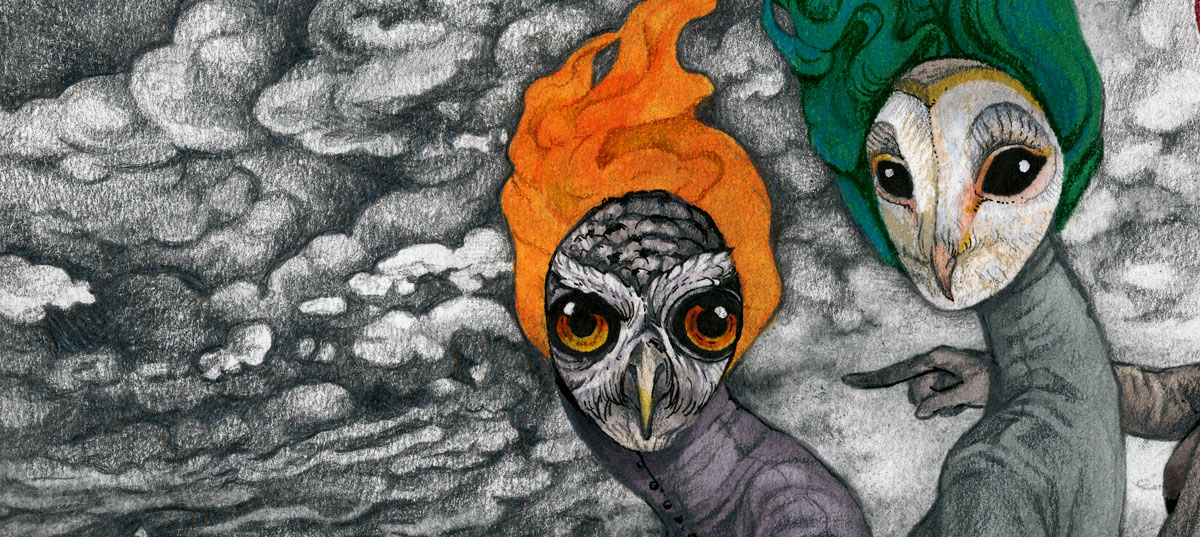 Closeup drawing of two owl-faced women against a dramatic cloudy background.