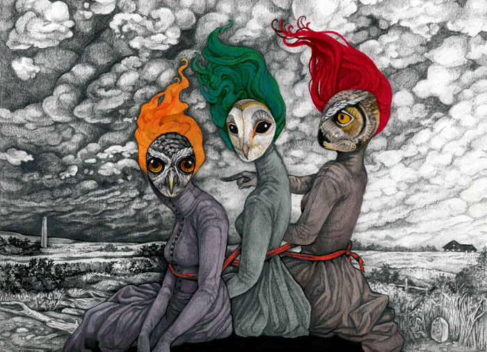 Mixed media drawing of three women with owl faces and flaming, multi-colored hair sitting tied together with a red ribbon against a dramatic cloudy sky.