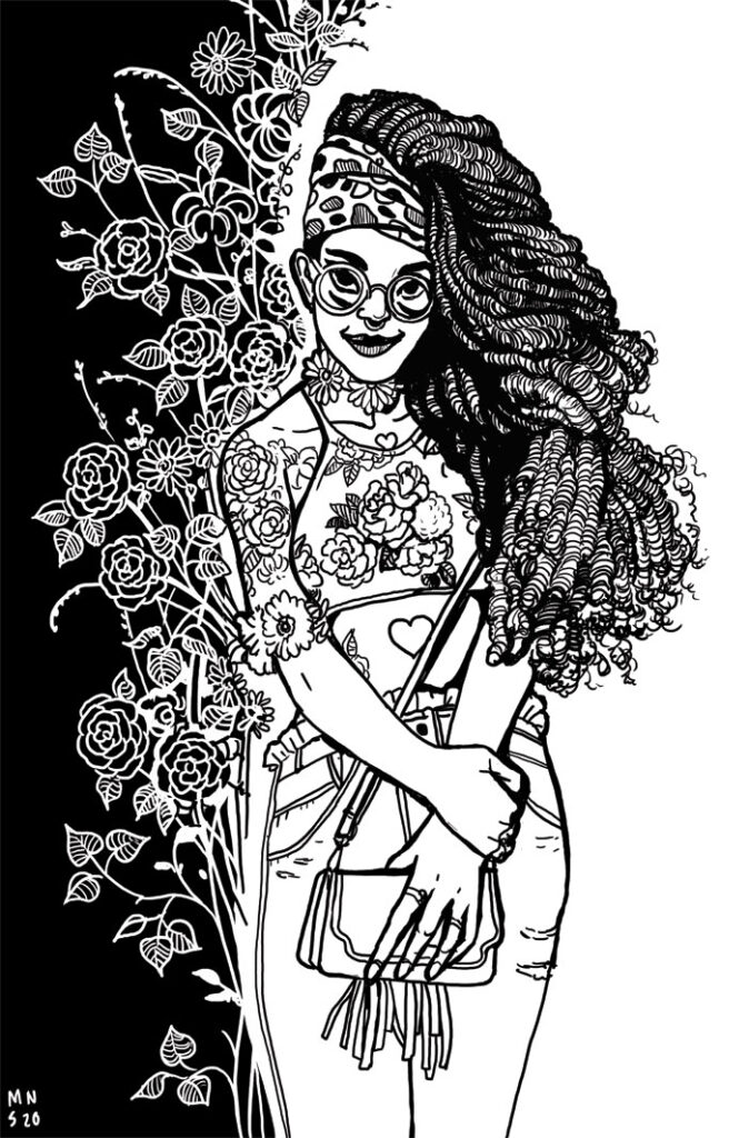 Black and white drawing of a woman in street fashion with her floral tattoo sleeve melting into the background.