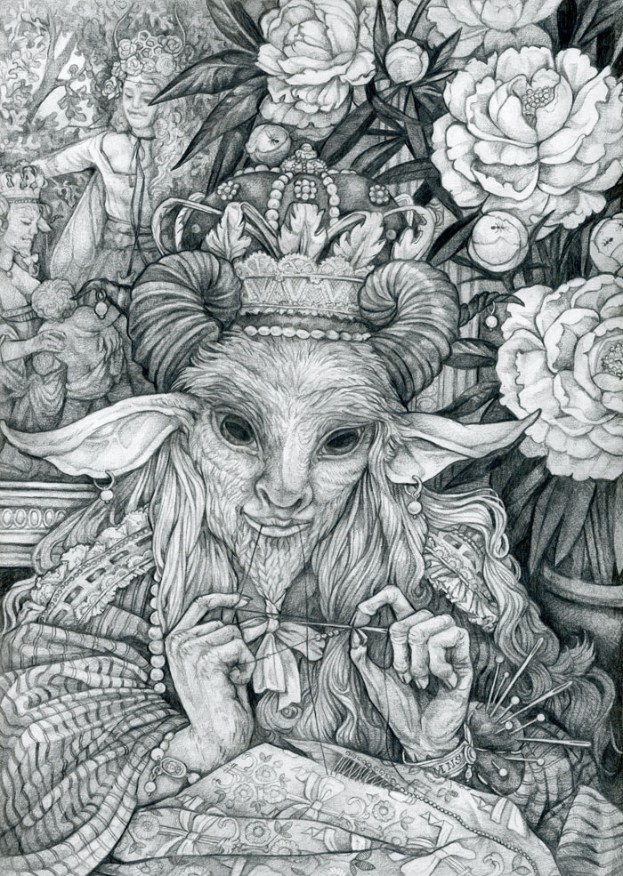 Graphite drawing of a goat woman crowned before a backdrop of blossoming peonies. 