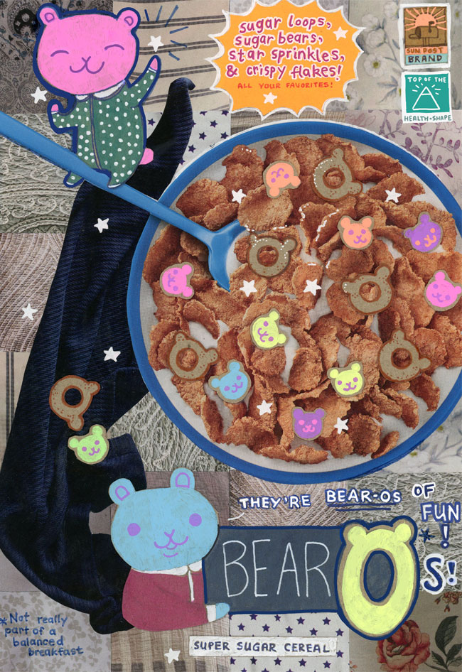 Collage of a bowl of sugary cereal with bright pastel drawings of marshmallow shapes and cute bear characters.