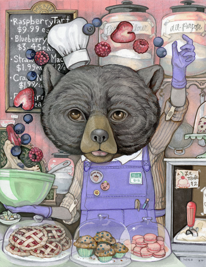 Mixed media drawing of an anthropomorphic bear in a bakery, throwing berries into a bowl of batter.