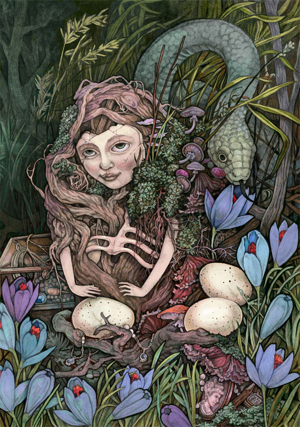 Illustration of a spirit with a china doll face rising out of the undergrowth to protect a cluster of eggs from a snake coiled above.