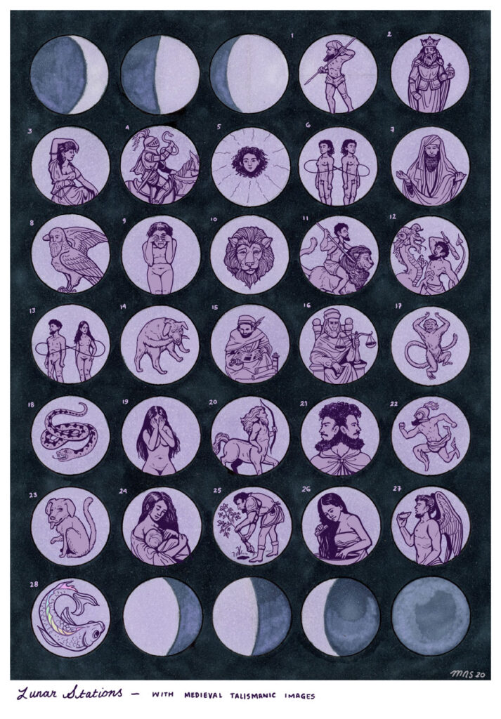 Drawing in purples of a grid of moons showing phases and a series of 28 small illustrations.