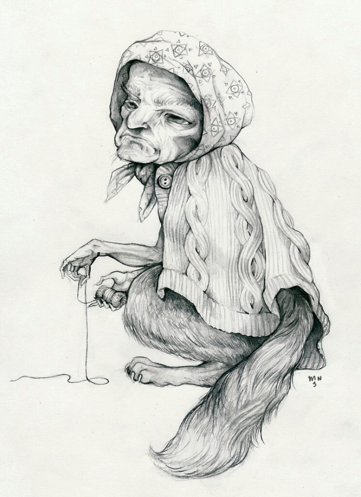 Graphite drawing of an old woman with the body of a fox in a shawl with a knit shawl and head scarf