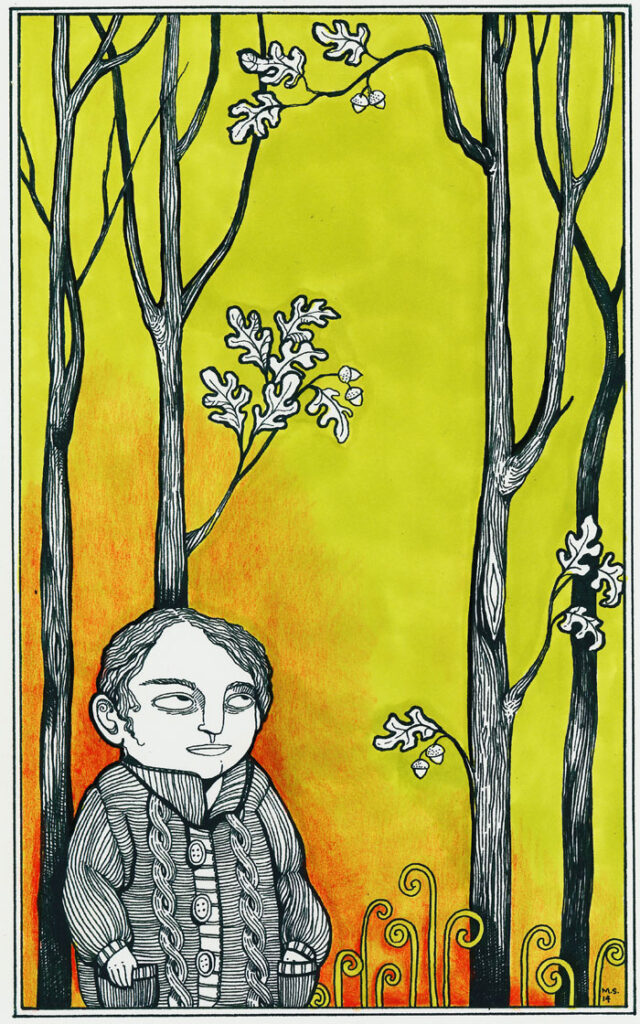 Line art drawing of a person in a sweater under autumn trees with a bright orange and yellow green background.