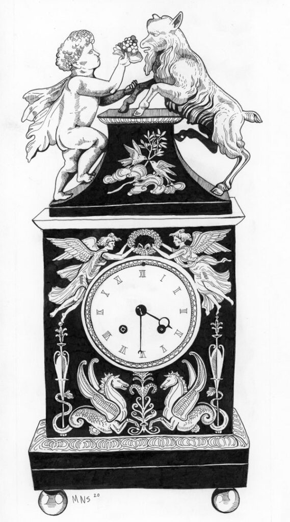 Black and white ink drawing of an antique clock