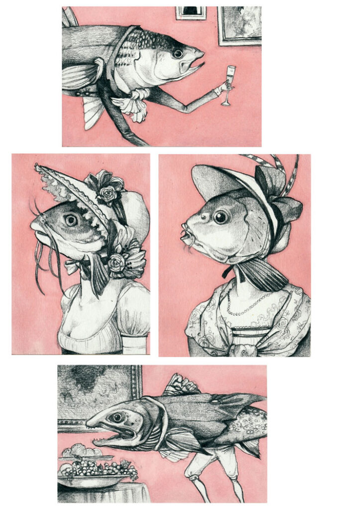 Gray and pink drawings of fish in Regency era costume