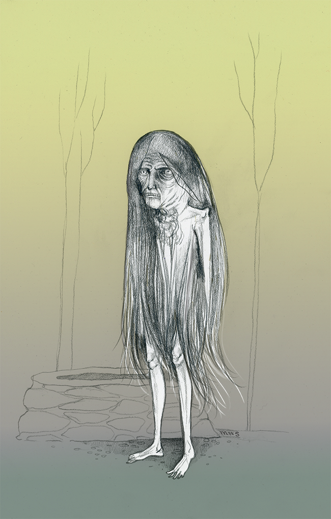 This drawing from an old sketchbook shows a creepy hag or witch standing beside a stone well, draped in her own long hair.